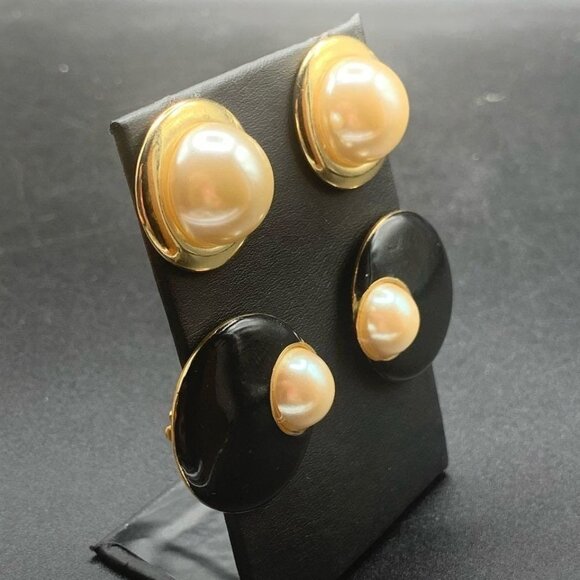 Pairs of Classic Pearls Earrings Clip On and Pierced with Black Enamel Elegant - Picture 3 of 5